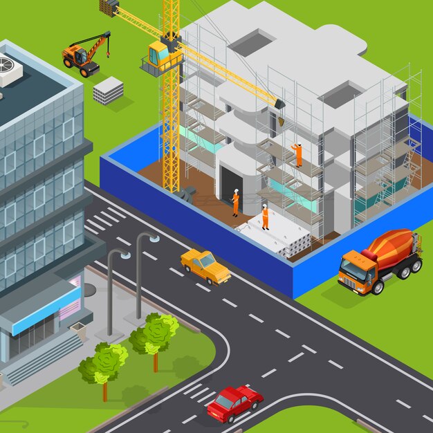 Construction isometric composition with outdoor view of modern city streets cars and house block under construction vector illustration