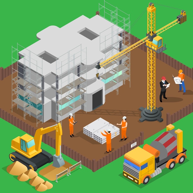 Free vector construction isometric composition with view of high rise building yard with labor workers vehicles and machines