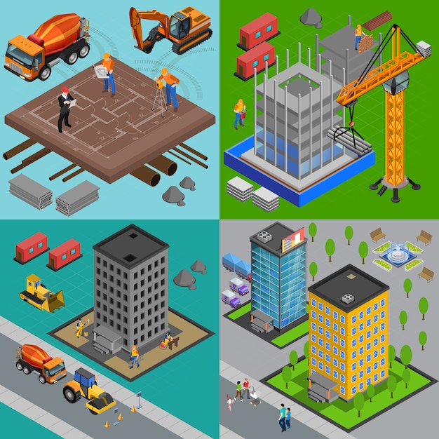 Free vector construction isometric design concept with view of building yards and houses at different points of construction vector illustration