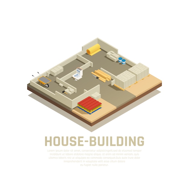 Construction materials isometric composition with editable text and view of building site at early stage of construction vector illustration