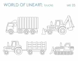 Free vector construction municipal transport al lineart  set. tipper excavator tractor grader. line art collection.