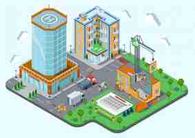 Free vector construction place in city concept isometric   illustration builders with crane architecture plan build up unfinished building public house.