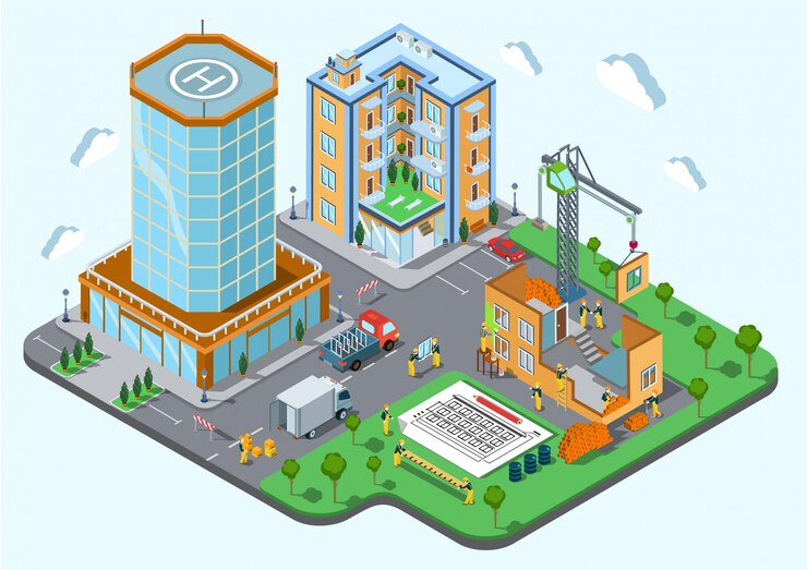 Free Vector construction place in city concept isometric   illustration builders with crane architecture plan build up unfinished building public house.
