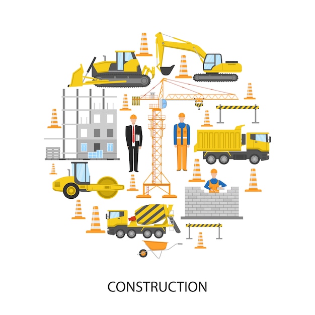 Construction round design with male staff building equipment brickwork barrier system