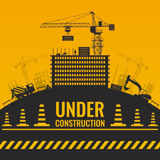 Under construction silhouettes design with building and equipment on hill barrier tape and cones