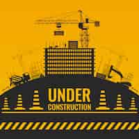 Free vector under construction silhouettes design with building and equipment on hill barrier tape and cones
