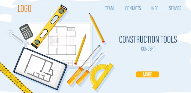 Construction site template with architect tools and blueprint