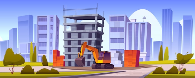 Free vector construction site, unfinished house and excavator
