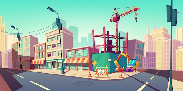 Construction site with building crane on street illustration