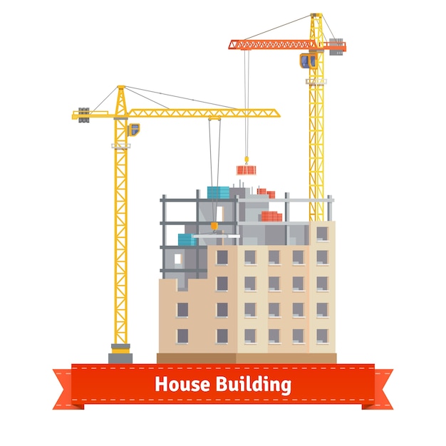 Free vector construction of tenement house with tower cranes