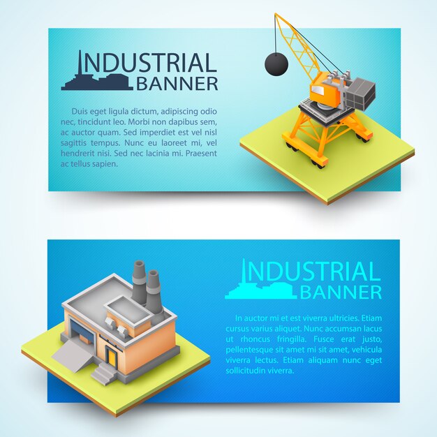 建設車両と工場の水平3 dバナーの構築
