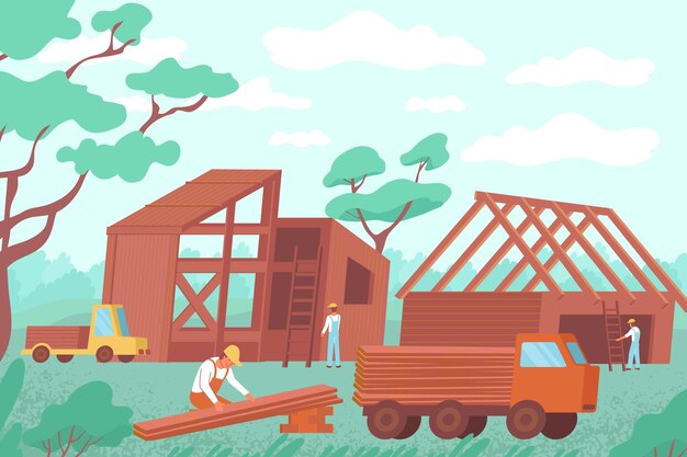 Строительство деревянного дома плоской композиции с открытым ландшафтом и персонажами-строителями с древесиной на грузовике