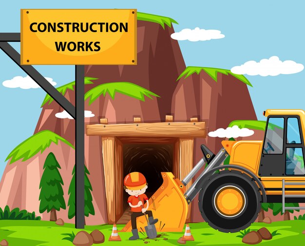 Construction work scene with man and bulldozer