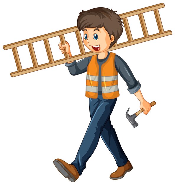 A construction worker holding ladder