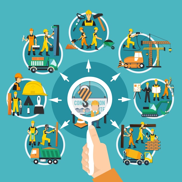 Free vector construction worker round composition with magnifier in a mands hands for detailed selection of works