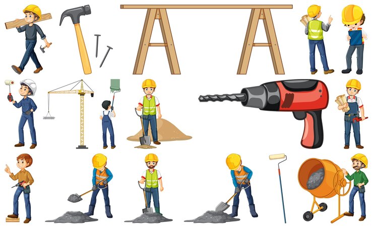 Free Vector construction worker set with man and tools