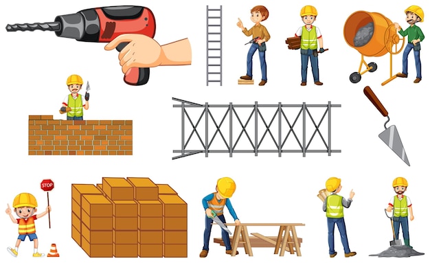 Free vector construction worker set with man and tools