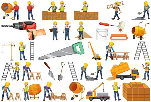 Free vector construction worker set with man and tools