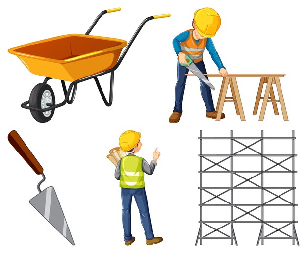 Construction worker set with man and tools