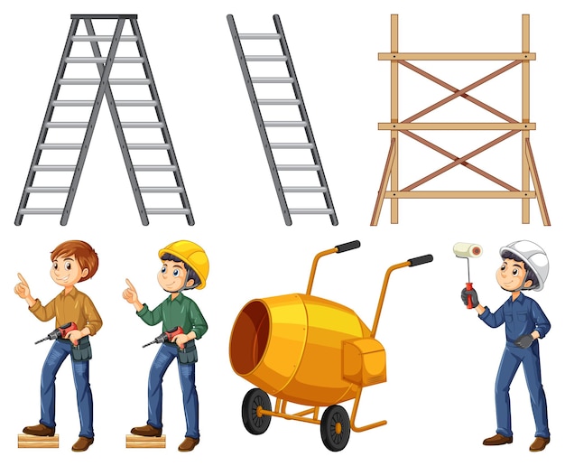 Construction worker set with man and tools