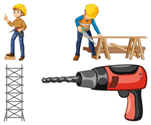 Construction worker set with man working