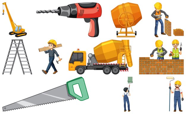 많은 도구로 설정된 건설 노동자