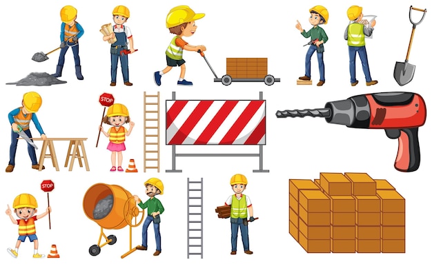 Free vector construction worker set with people and tools