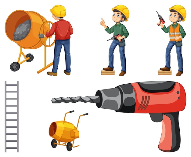 Construction worker set with people and tools