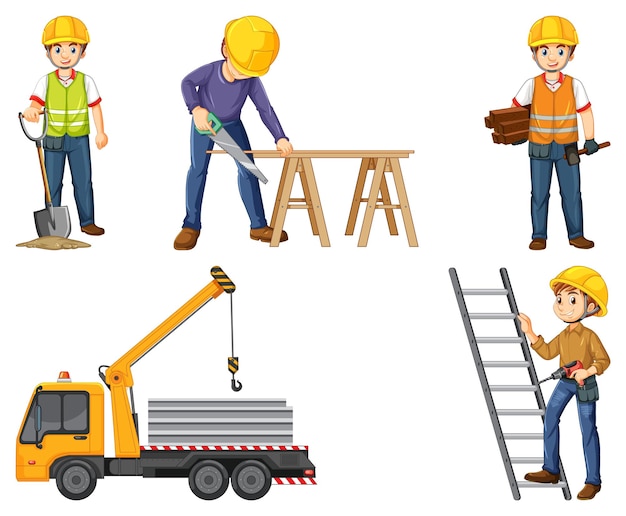 Free vector construction worker set with people and tools