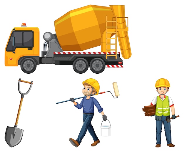 Construction worker set with truck and man