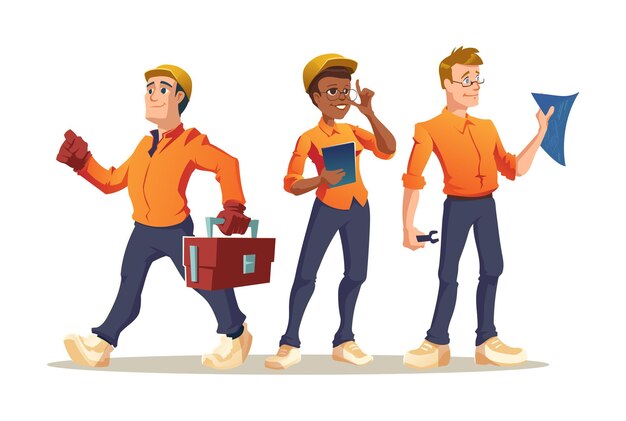 Construction workers builder, engineer or foreman characters with tools and blueprint. Architect with house plan, professional architecture building constructors in helmets Cartoon vector illustration