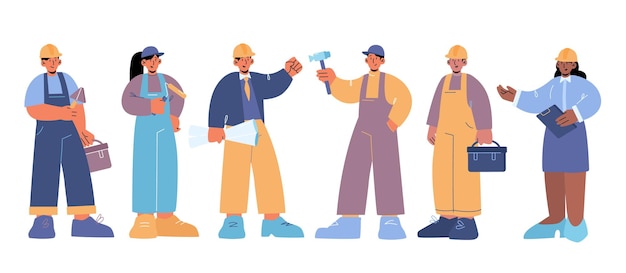 Construction workers builder engineer and technician vector flat illustration of people working in building industry professional repairman architect house painter and foreman