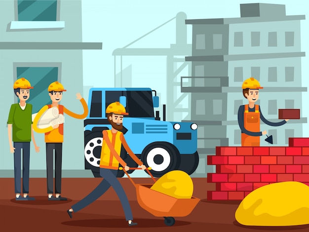 Construction Workers Characters Flat Poster