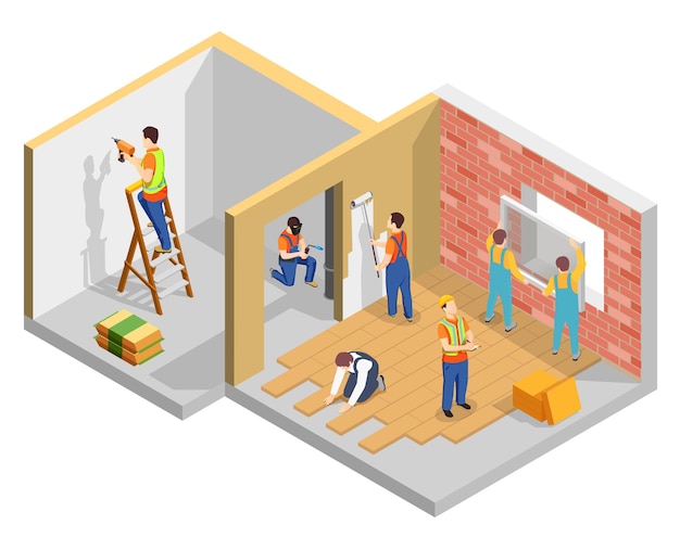 Construction workers isometric composition with builders renovating the flat vector illustration