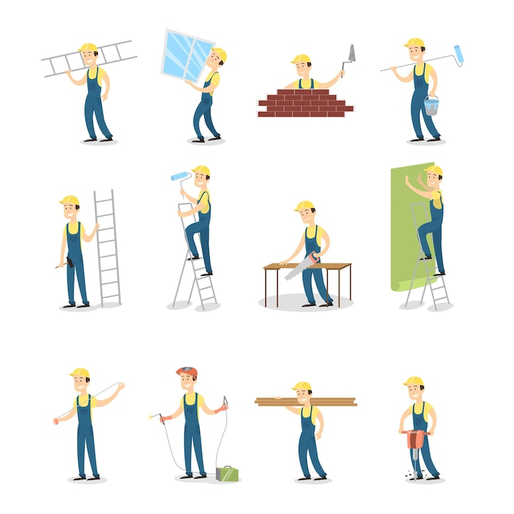 Free Vector construction workers set man in outfit with hardhat working and building