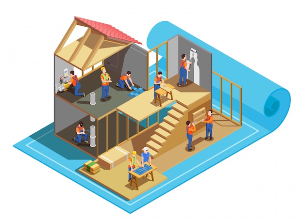 Бесплатное векторное изображение Строительные рабочие с профессиональными инструментами и планом