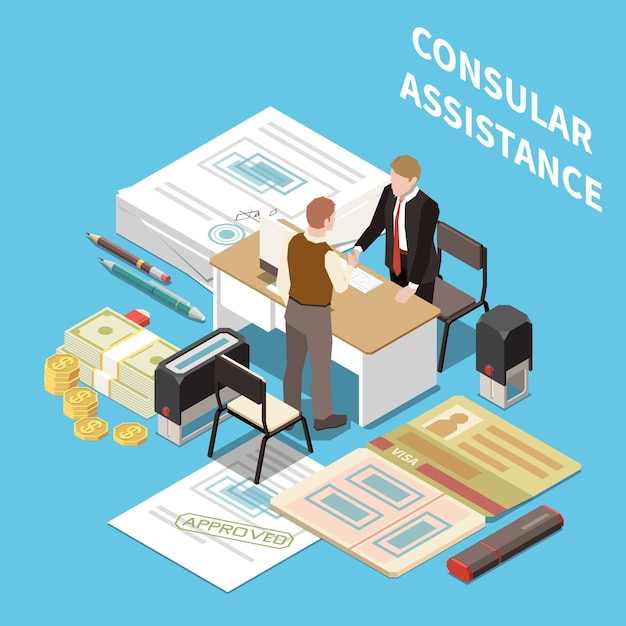 Free vector consular assistance isometric composition with diplomat helping tourist with foreign country travel document vector illustration
