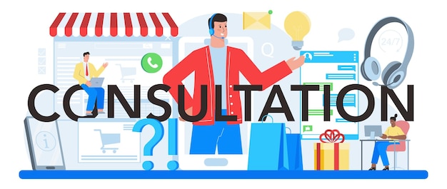 Consultation typographic header Research and recommendation Sales strategy recomendation and troubleshooting Help clients with business problems Flat vector illustration