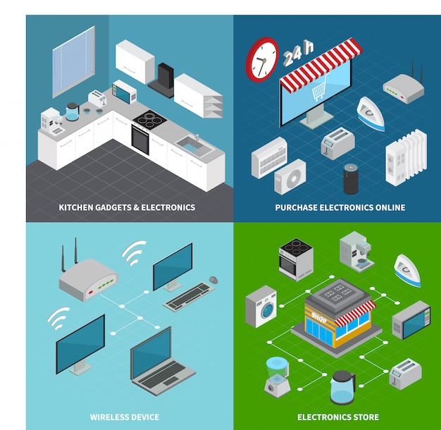 Consumer electronics 2x2 concept set of kitchen gadgets wireless devices and online purchase square compositions isometric