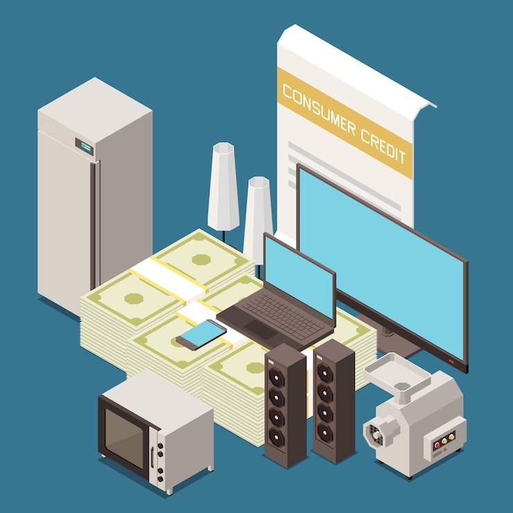 Free Vector consumer micro credit to buy household items isometric composition with refrigerator tv computer kitchen utensils 
