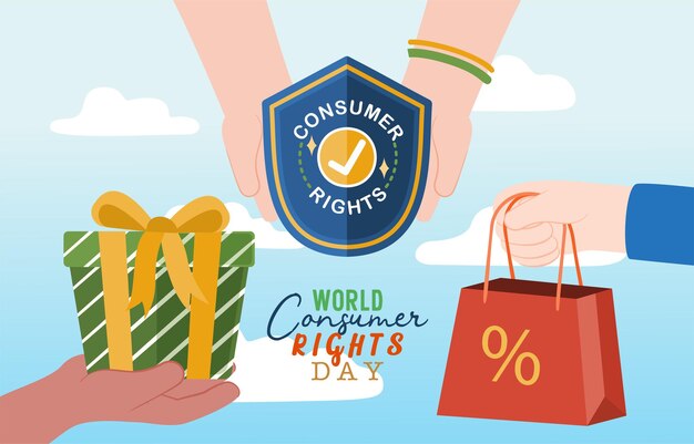 Consumer Rights Protection concept The definition of Consumer right is the right to have information about the quality potency quantity purity price and standard of goods or services Vector Flat