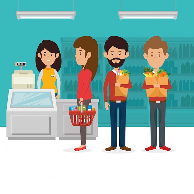 Free vector consumers with supermarket basket of groceries