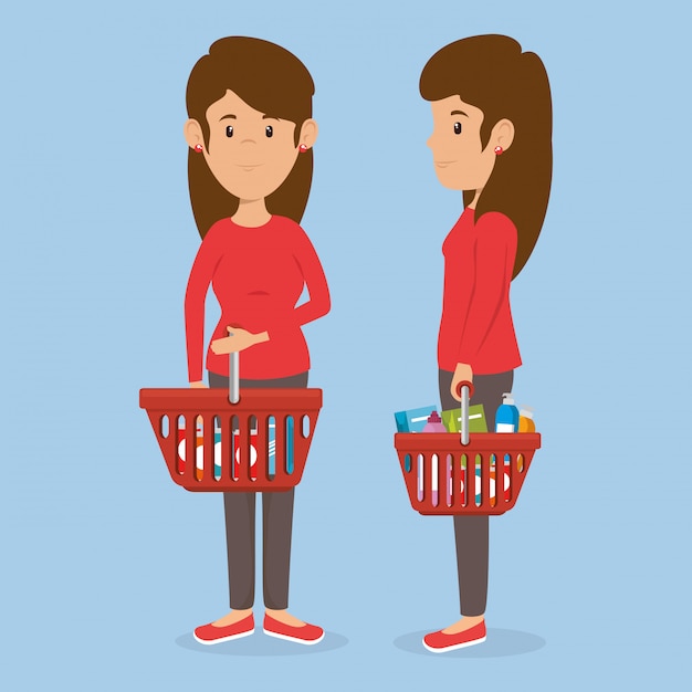 consumers with supermarket basket of groceries