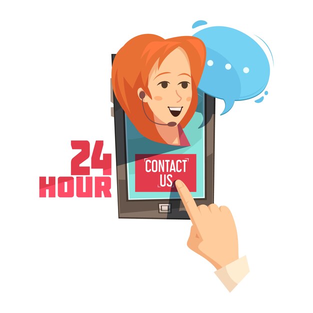 Contact us 24 hour design with hand on mobile device with smiling operator retro cartoon