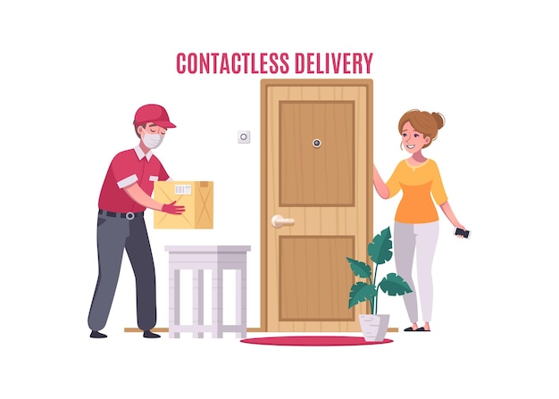 Contactless delivery service with courier and customer cartoon illustration