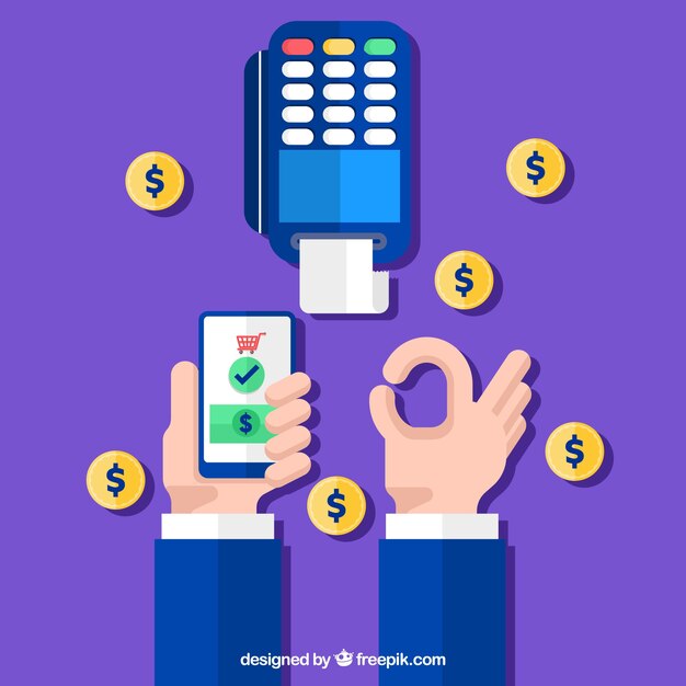 Contactless payment and coins with flat design