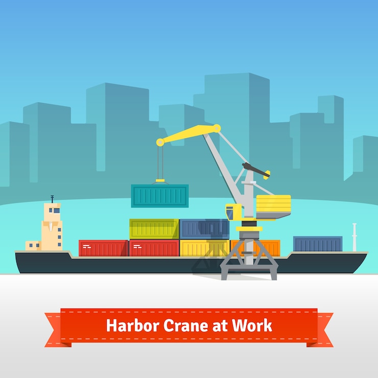 Free Vector container cargo ship loaded by harbour crane