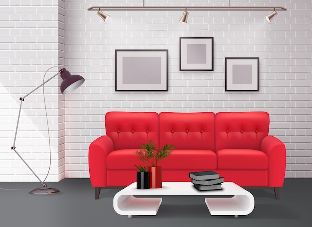 멋진 가죽 빨간 소파 악센트 현실적인 일러스트와 함께 현대 간단한 클린 거실 인테리어 디자인 세부 사항