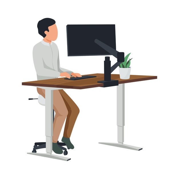 키가 큰 컴퓨터 테이블 삽화에 앉아 있는 남자의 캐릭터가 있는 현대적인 작업 공간 평면 구성