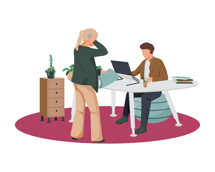 Free Vector contemporary workspace flat composition with man sitting on ball at modern table with woman  illustration